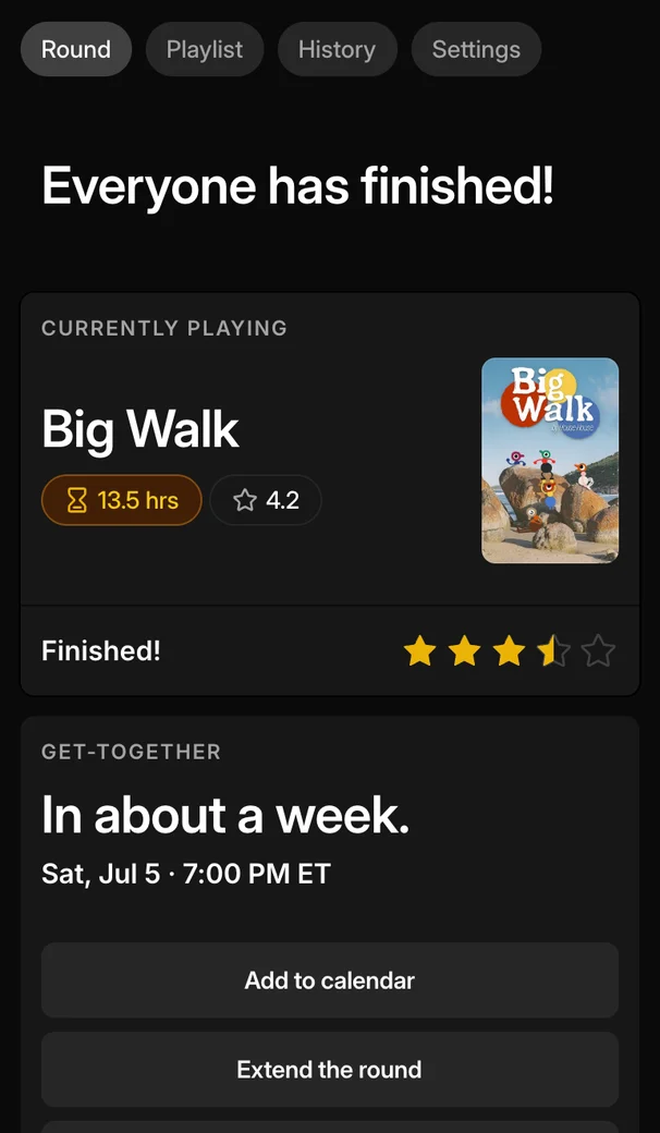 A finished round: everyone has completed the game, with the club's rating and the upcoming get-together.
