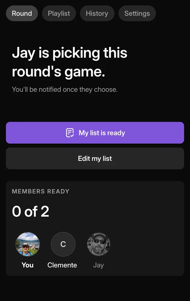 A club's Round page showing whose turn it is to pick the game and which members are ready.