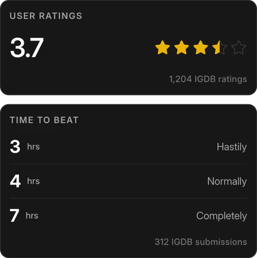A game's user rating and time-to-beat, from IGDB.